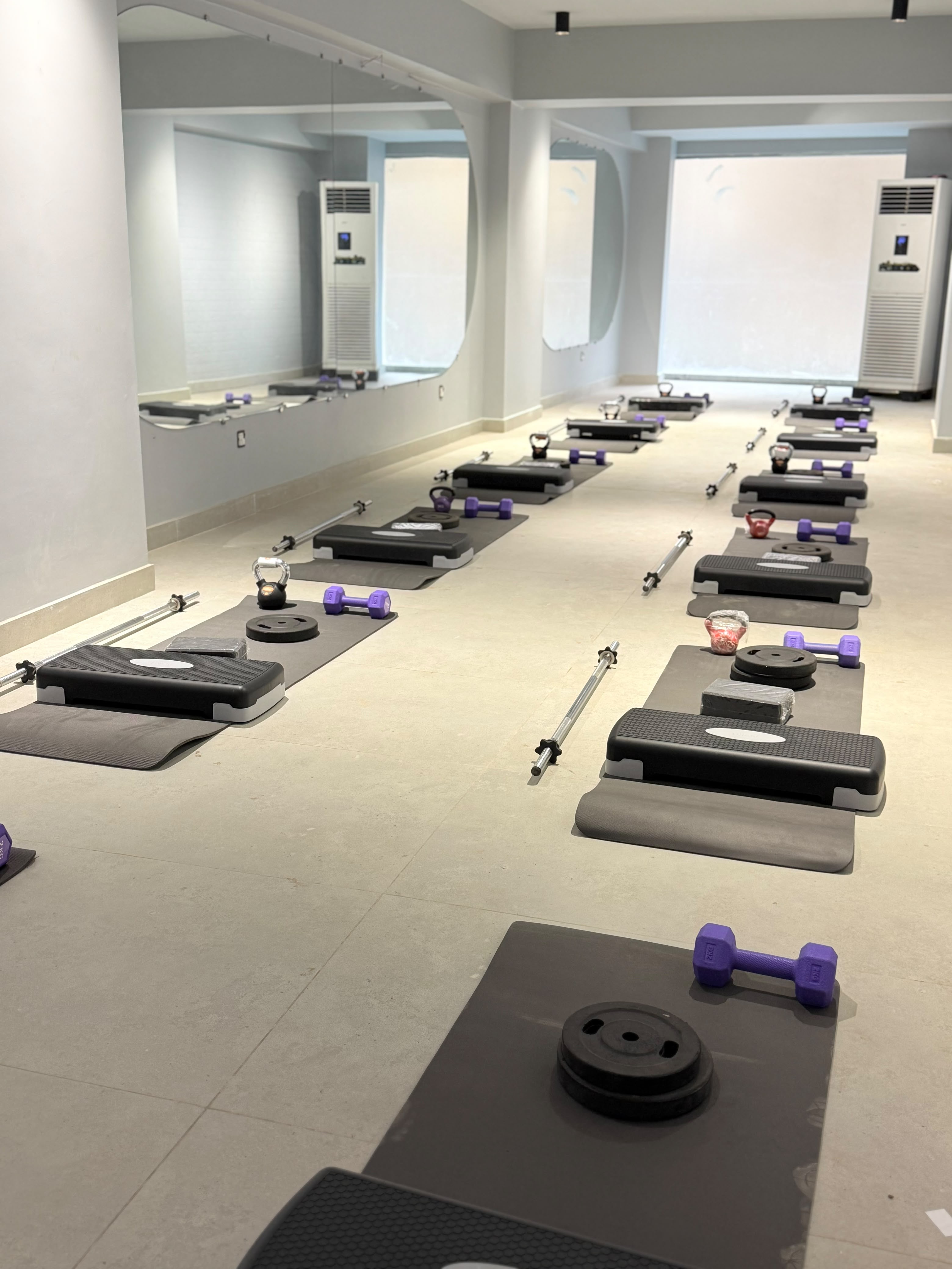 Inside the Solace studio: exercise mats, step platforms and dumbbells beside mirrored walls