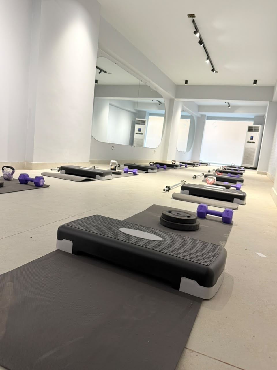 Close-up of a step platform and weight plate on an exercise mat in the Solace studio