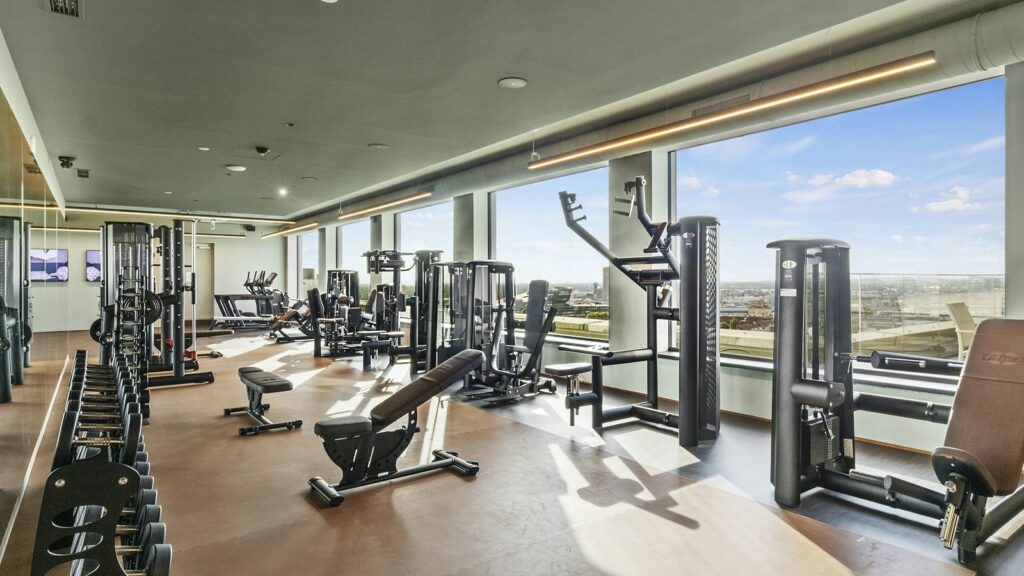 Bright modern gym floor with strength machines, benches and a dumbbell rack beside large city-view windows