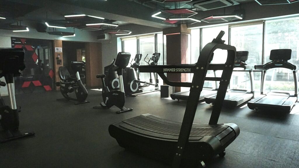 Gym cardio zone with a curved treadmill, treadmills and exercise bikes for Zone 2 sessions alongside strength training